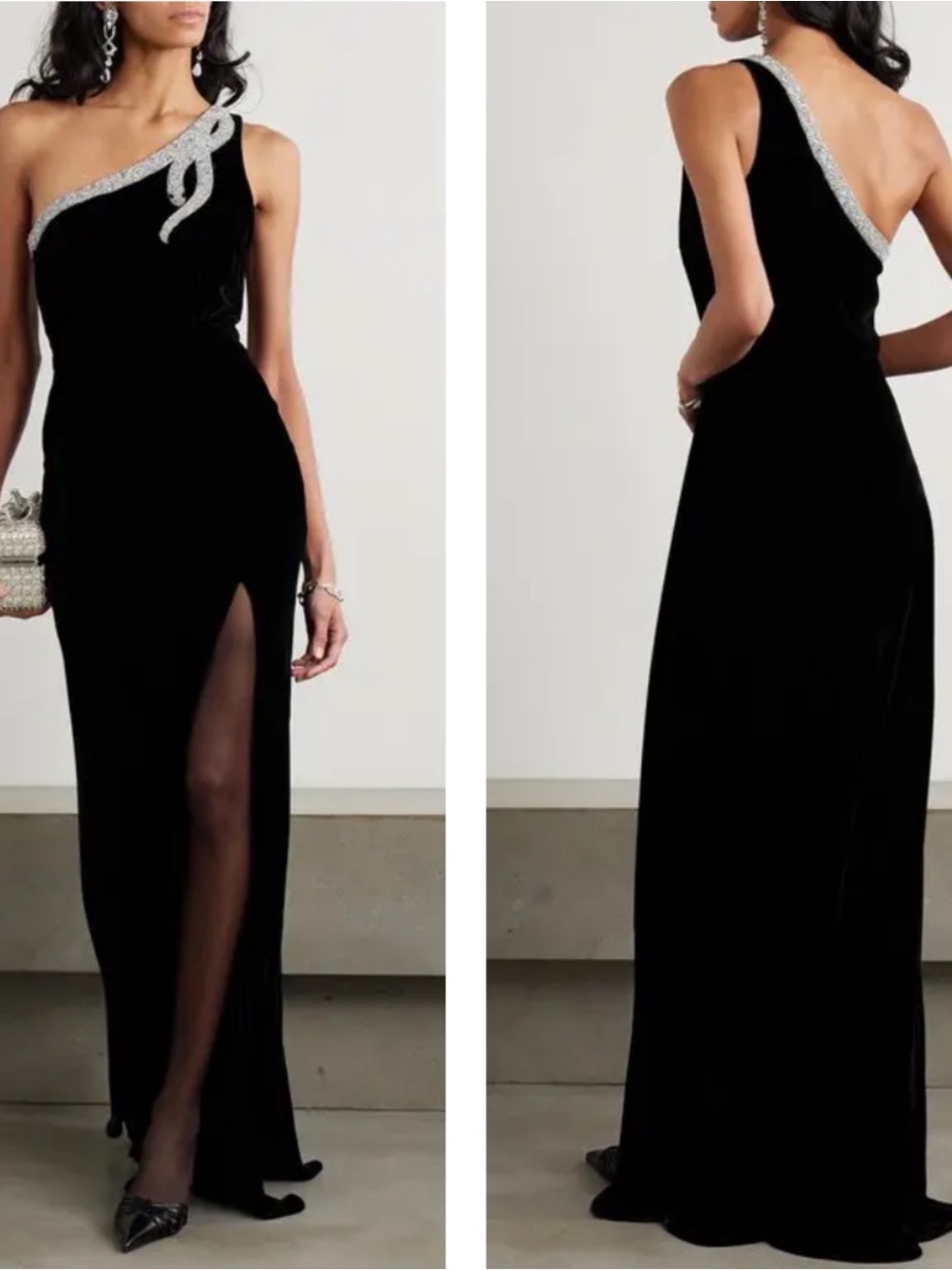 SALONI Justine Crystal Embellished Snake One Shoulder Velvet Maxi Dress Size 8